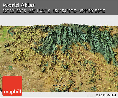 Satellite 3D Map of the Area around 32° 17' 31" S, 151° 22' 30" E