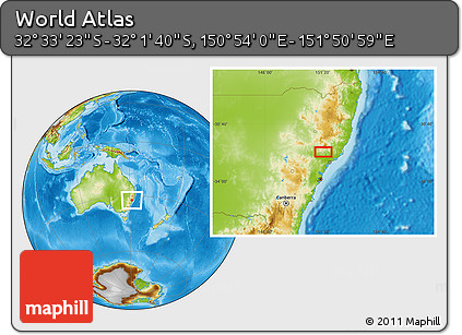 Physical Location Map of the Area around 32° 17' 31" S, 151° 22' 30" E