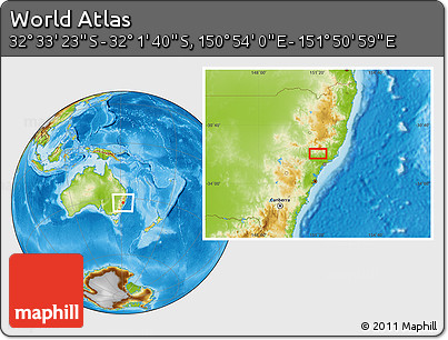 Physical Location Map of the Area around 32° 17' 31" S, 151° 22' 30" E
