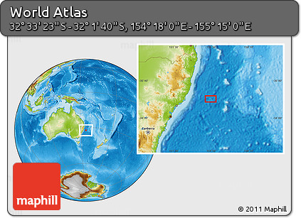 Physical Location Map of the Area around 32° 17' 31" S, 154° 46' 30" E