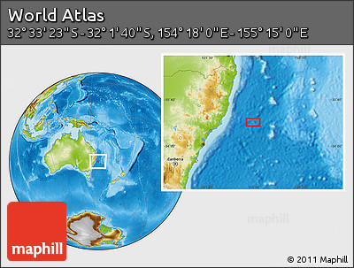 Physical Location Map of the Area around 32° 17' 31" S, 154° 46' 30" E