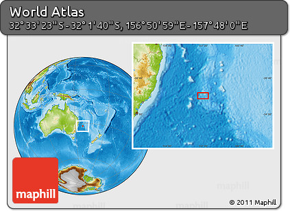 Physical Location Map of the Area around 32° 17' 31" S, 157° 19' 29" E