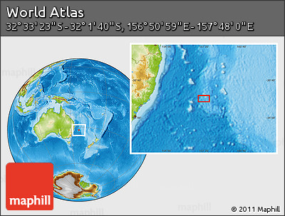 Physical Location Map of the Area around 32° 17' 31" S, 157° 19' 29" E