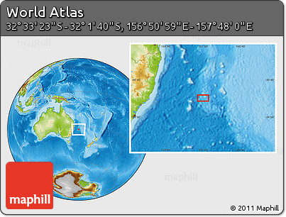 Physical Location Map of the Area around 32° 17' 31" S, 157° 19' 29" E