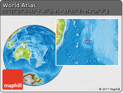 Physical Location Map of the Area around 32° 17' 31" S, 158° 10' 30" E