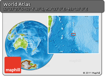 Physical Location Map of the Area around 32° 17' 31" S, 159° 1' 30" E