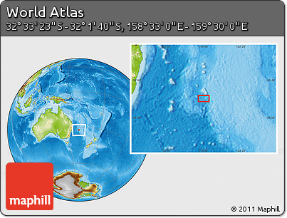 Physical Location Map of the Area around 32° 17' 31" S, 159° 1' 30" E