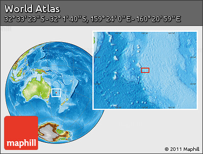 Physical Location Map of the Area around 32° 17' 31" S, 159° 52' 30" E