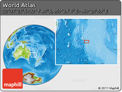 Physical Location Map of the Area around 32° 17' 31" S, 159° 52' 30" E