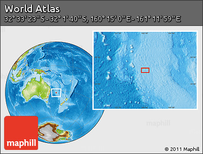 Physical Location Map of the Area around 32° 17' 31" S, 160° 43' 29" E