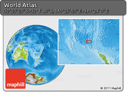 Physical Location Map of the Area around 32° 17' 31" S, 170° 55' 30" E