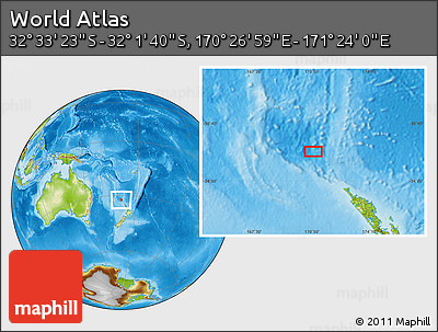 Physical Location Map of the Area around 32° 17' 31" S, 170° 55' 30" E