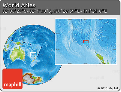 Physical Location Map of the Area around 32° 17' 31" S, 170° 55' 30" E