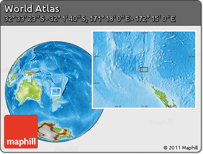 Physical Location Map of the Area around 32° 17' 31" S, 171° 46' 30" E