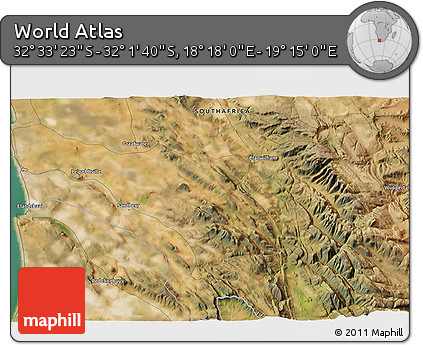 Satellite 3D Map of the Area around 32° 17' 31" S, 18° 46' 29" E