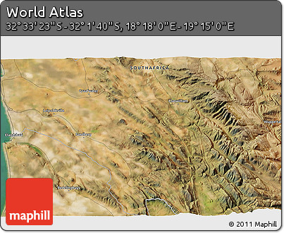 Satellite 3D Map of the Area around 32° 17' 31" S, 18° 46' 29" E