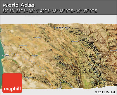Satellite 3D Map of the Area around 32° 17' 31" S, 18° 46' 29" E