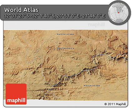 Satellite 3D Map of the Area around 32° 17' 31" S, 21° 19' 30" E