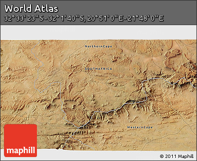 Satellite 3D Map of the Area around 32° 17' 31" S, 21° 19' 30" E