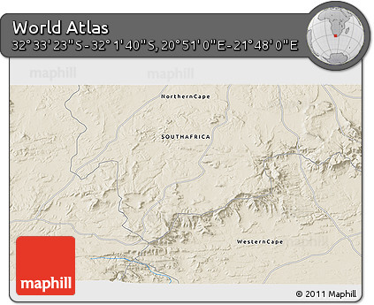Shaded Relief 3D Map of the Area around 32° 17' 31" S, 21° 19' 30" E