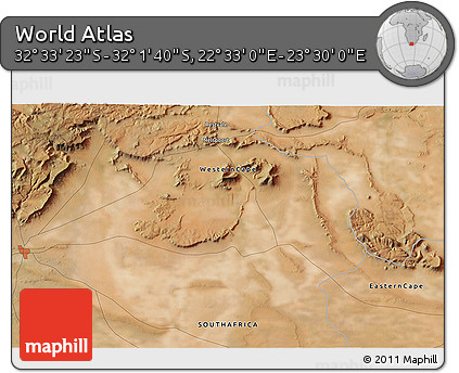Satellite 3D Map of the Area around 32° 17' 31" S, 23° 1' 29" E