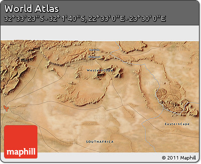 Satellite 3D Map of the Area around 32° 17' 31" S, 23° 1' 29" E