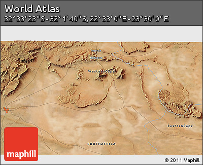 Satellite 3D Map of the Area around 32° 17' 31" S, 23° 1' 29" E