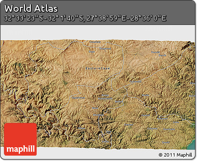 Satellite 3D Map of the Area around 32° 17' 31" S, 28° 7' 30" E