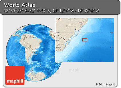 Shaded Relief Location Map of the Area around 32° 17' 31" S, 49° 13' 30" W
