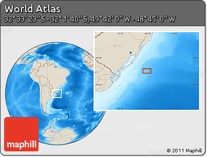 Shaded Relief Location Map of the Area around 32° 17' 31" S, 49° 13' 30" W