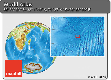 Physical Location Map of the Area around 32° 17' 31" S, 51° 55' 29" E