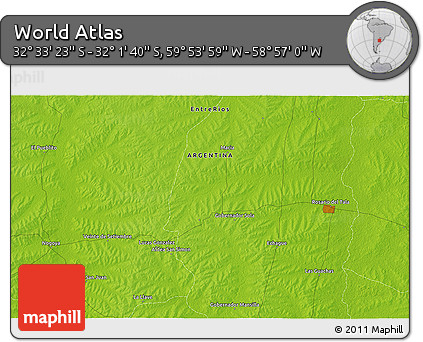 Physical 3D Map of the Area around 32° 17' 31" S, 59° 25' 29" W