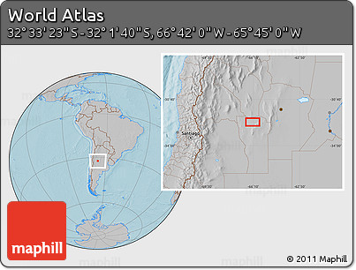 Gray Location Map of the Area around 32° 17' 31" S, 66° 13' 29" W, hill shading
