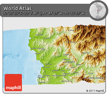 Physical 3D Map of the Area around 32° 17' 31" S, 71° 19' 29" W