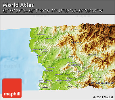 Physical 3D Map of the Area around 32° 17' 31" S, 71° 19' 29" W