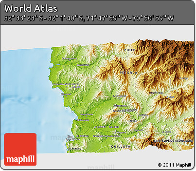 Physical 3D Map of the Area around 32° 17' 31" S, 71° 19' 29" W