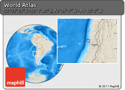 Shaded Relief Location Map of the Area around 32° 17' 31" S, 72° 10' 30" W