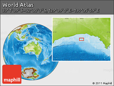 Physical Location Map of the Area around 32° 45' 51" S, 130° 7' 30" E
