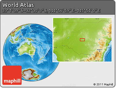 Physical Location Map of the Area around 32° 45' 51" S, 145° 25' 30" E