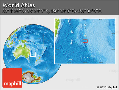 Physical Location Map of the Area around 32° 45' 51" S, 159° 1' 30" E