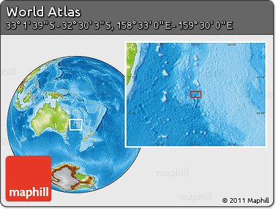 Physical Location Map of the Area around 32° 45' 51" S, 159° 1' 30" E