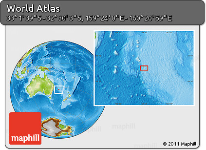 Physical Location Map of the Area around 32° 45' 51" S, 159° 52' 30" E