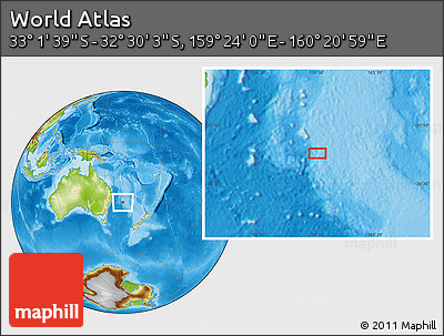 Physical Location Map of the Area around 32° 45' 51" S, 159° 52' 30" E