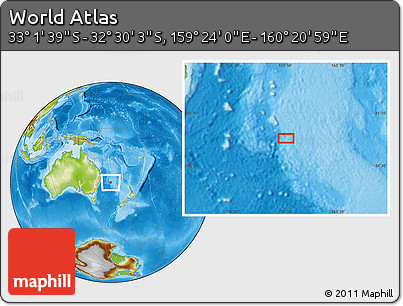 Physical Location Map of the Area around 32° 45' 51" S, 159° 52' 30" E