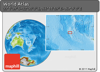 Physical Location Map of the Area around 32° 45' 51" S, 166° 40' 30" E