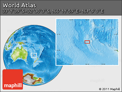 Physical Location Map of the Area around 32° 45' 51" S, 166° 40' 30" E