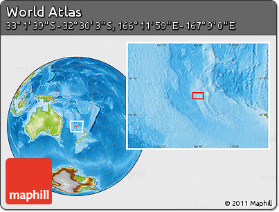 Physical Location Map of the Area around 32° 45' 51" S, 166° 40' 30" E