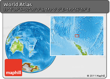 Physical Location Map of the Area around 32° 45' 51" S, 173° 28' 29" E