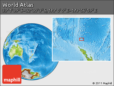 Physical Location Map of the Area around 32° 45' 51" S, 173° 28' 29" E