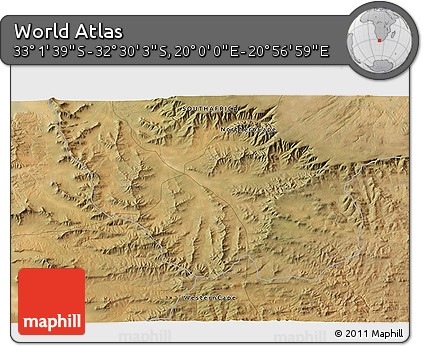Satellite 3D Map of the Area around 32° 45' 51" S, 20° 28' 30" E